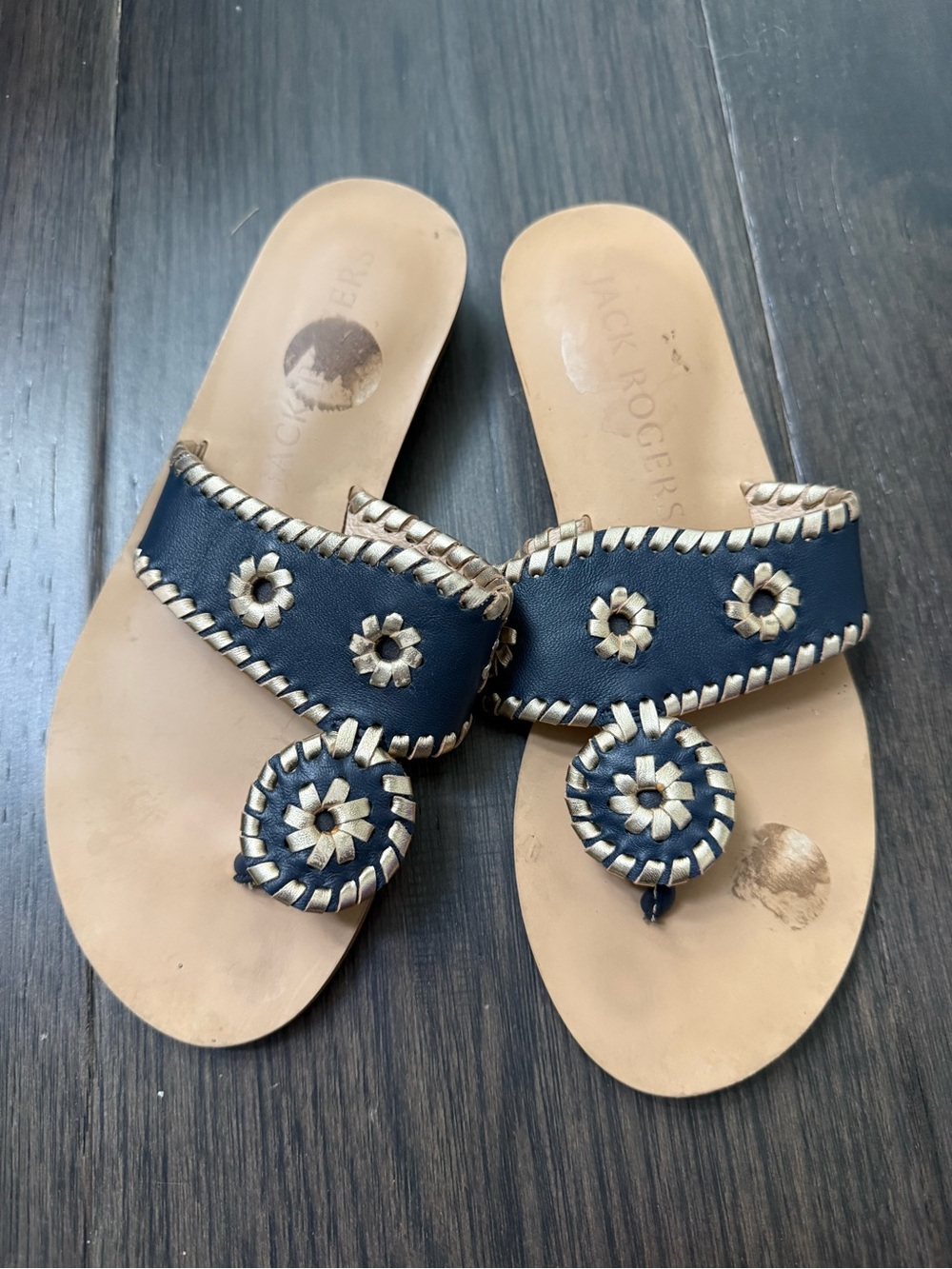 Jack Rogers Navy Leather Sandals with Gold Stitching size 5